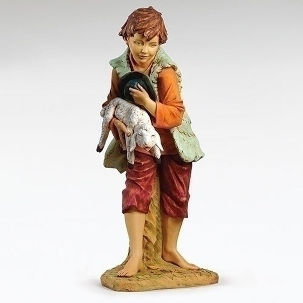Shepherd Youthful Male Statue For Nativity Set by Fontanini Holding sheep